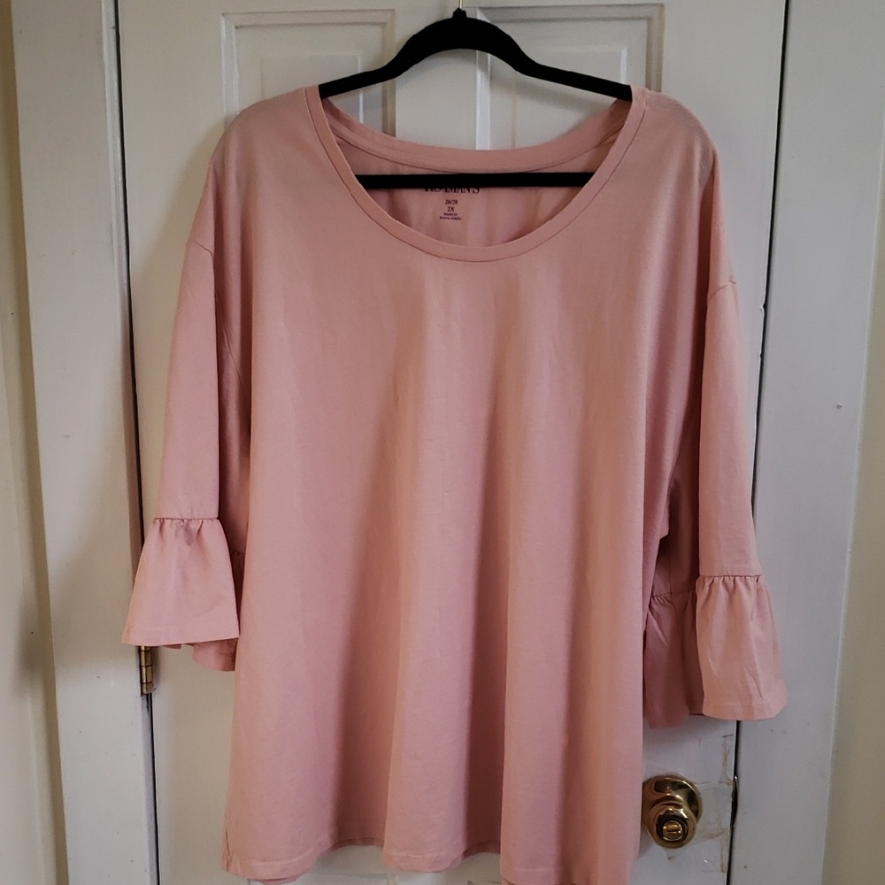 Roaman's Dusty Pink Ruffle Sleeve Plus Size Women's Cotton Top